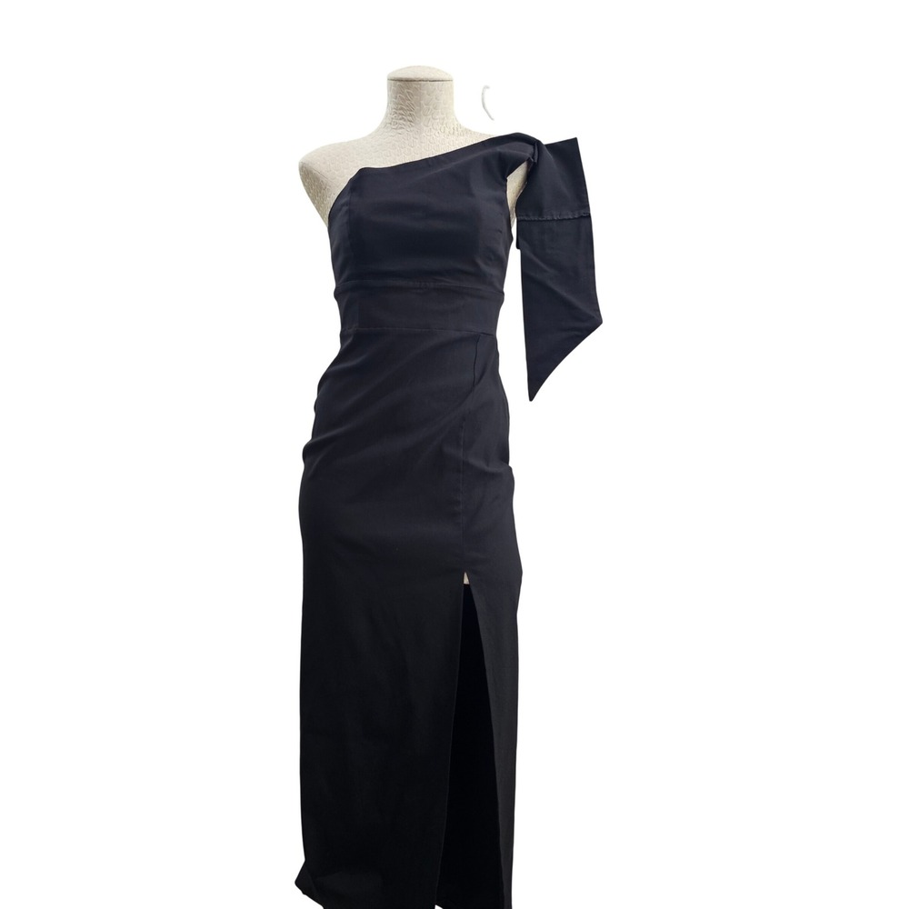 Vesper One Shoulder Maxi Dress Womens 10 Black Asymmetric Slit Bow Detail Formal